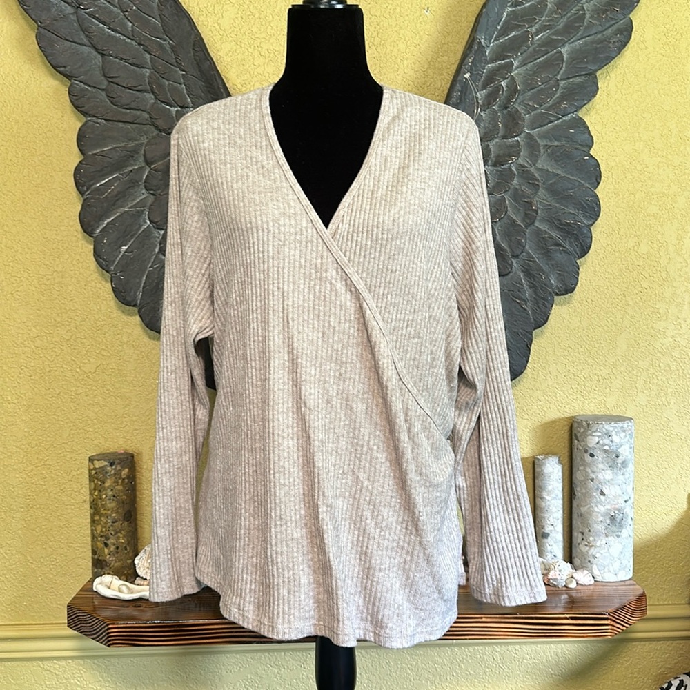 Addition Elle Beige Wrap-Style Ribbed Sweater